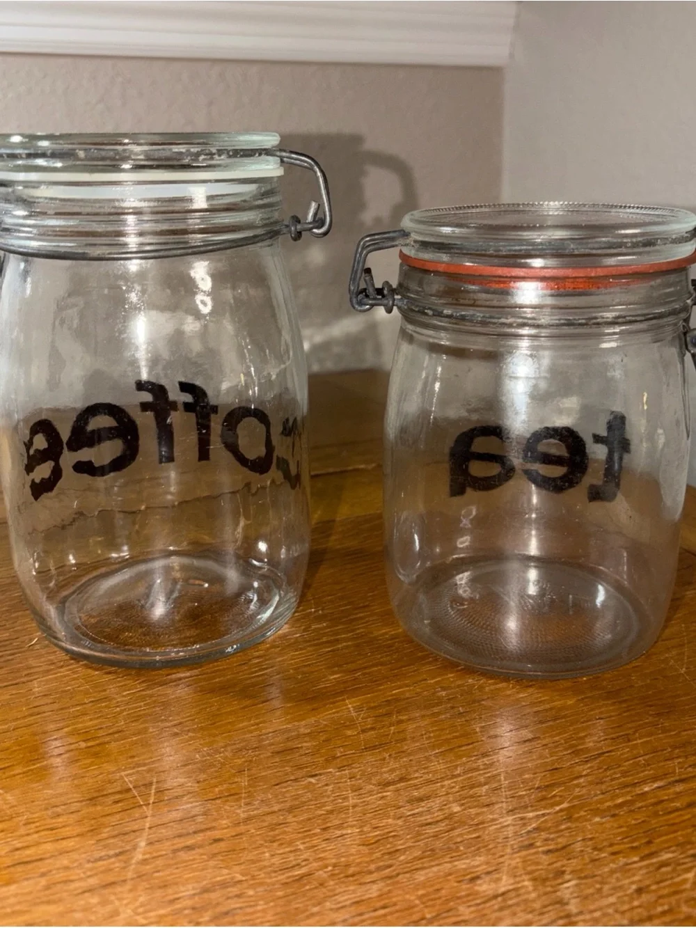 Vintage Coffee And Tea Glass Canisters Wire Lid Lock Gaskets 1L And 3/4L